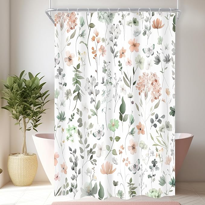 Cute Green Pink Floral Stall Single Wildflower Bathroom Shower Curtain Set | 54"W x 78"H Watercolor Boho; waterproof HD print, quick-dry fabric and plastic hooks for easy setup.