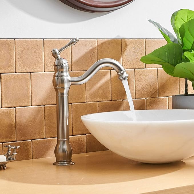 BWE 360°Swivel Bathroom Vessel Sink Faucet Brushed Nickel Single Handle One Hole Lavatory Mixer Tap with Pop Up Drain Assembly Without Overflow and Supply Line Tap Body