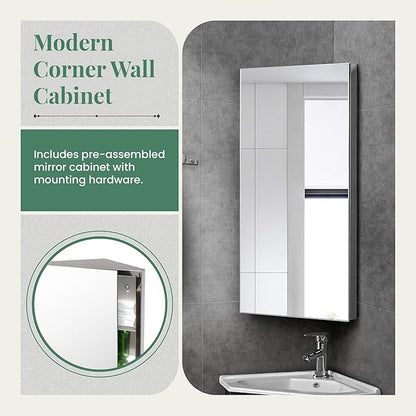 Renovators Supply Infinity Corner Medicine Cabinet with Mirror - Triple Shelf Storage Cabinet - Modern Wall Mount Medicine Cabinet - 23.6 in., Right Open, Polished Stainless Steel, Pack of 1
