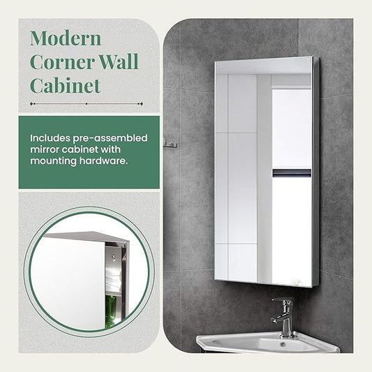 Renovators Supply Infinity Corner Medicine Cabinet with Mirror - Triple Shelf Storage Cabinet - Modern Wall Mount Medicine Cabinet - 23.6 in., Right Open, Polished Stainless Steel, Pack of 1