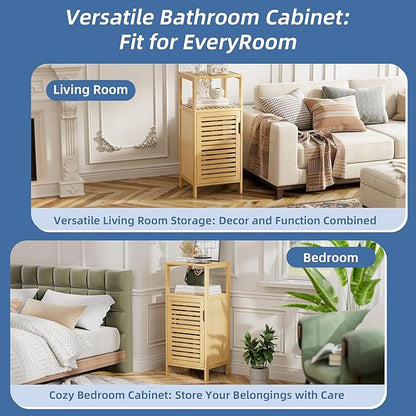 HITNET Bathroom Cabinet Freestanding, Small Bamboo Floor Cabinet, 4 Tier Single Door Sofa Side Table Storage Organizer, Space Saving Kitchen Cupboard, Natural