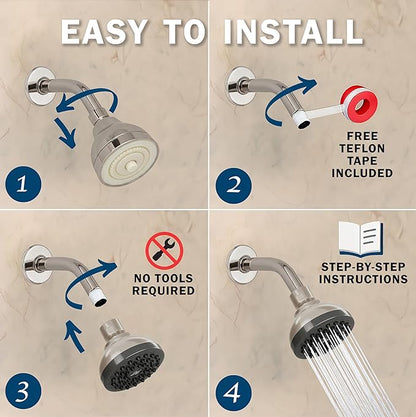 Aqua Elegante Pressure Boosting Shower Head - 2.5 GPM - Brushed Nickel | 3 Inch Wall Mount, Water Saving Showerhead, Best For Low Flow Showers With Anti-Clog Nozzles & Adjustable Brass Fitting