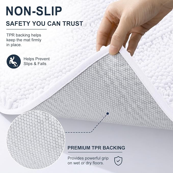 Smiry Thick Chenille Large Bathroom Runner Rugs 40x32, Soft Bath Mat, White | Quick‑Dry & Machine Washable, Non‑Slip Bath Carpet, Striped Bath Rugs for Tub & Shower, Modern Home Decor Accessories