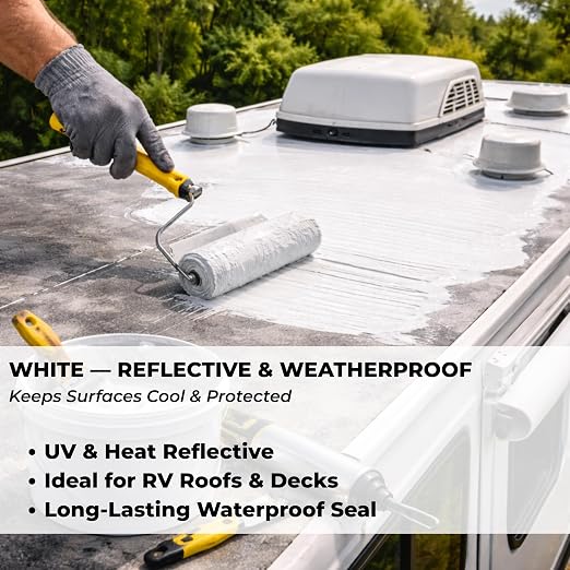 White RV Roof Coating, 1 Quart | Solar Reflective Liquid Rubber Sealant | UV & Heat Resistant | Waterproof Membrane for Camper, Trailer & Metal Roofs | Elastomeric Leak Repair Paint