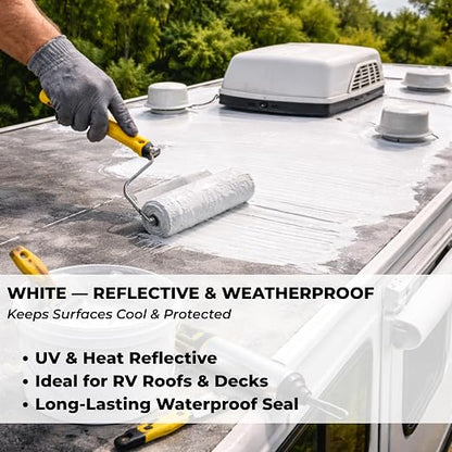White RV Roof Coating, 1 Quart | Solar Reflective Liquid Rubber Sealant | UV & Heat Resistant | Waterproof Membrane for Camper, Trailer & Metal Roofs | Elastomeric Leak Repair Paint