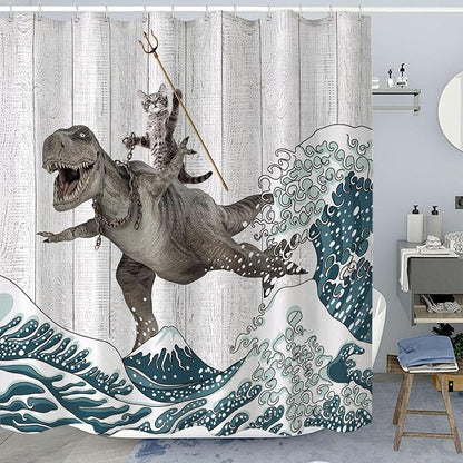 Fungarth Funny Cat Shower Curtain Dinosaur Ocean Sea Wave Shower Curtains for Bathroom Cool Waterproof Fabric Rustic Wooden Farmhouse Bath Curtain Decor with Hooks (Gray1, 72” x 84”)