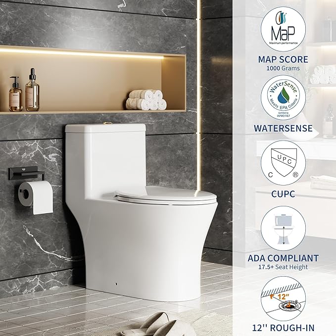 One Piece Toilet with ADA Height, Ceramic Design, Soft Closing PP Toilet Cover, Easy Clean Surface, Water Efficient Flush, Compact Durable Build