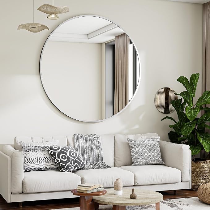 Large Silver Round Bathroom Mirror 42" with Thin Metal Frame | Circle Wall Mounted Mirror Hanging or Leaning Decor for Hallway, Entryway, Fireplace Mantel, Living Room