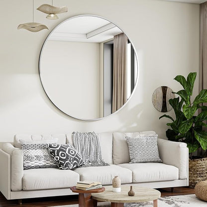 Large Silver Round Bathroom Mirror 42" with Thin Metal Frame | Circle Wall Mounted Mirror Hanging or Leaning Decor for Hallway, Entryway, Fireplace Mantel, Living Room