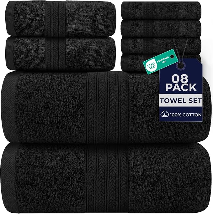 DAN RIVER 8 Piece Luxury Bath Towels for Bathroom, Towel Set, Black | 2 Bath towels, 2 Hand towels, and 4 Wash Cloths, 600 GSM 100% Ring Spun Cotton, Highly Absorbent, Gym, Hotel, guest, and Spa