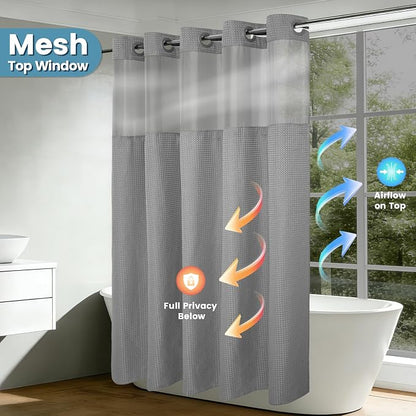 EUTXL Heavyweight No Hook Shower Curtain with Liner, Grey, 54x80 | Snap in Liner, Thick Waffle Fabric, Hotel Quality, Corner Magnets, Waterproof & Washable