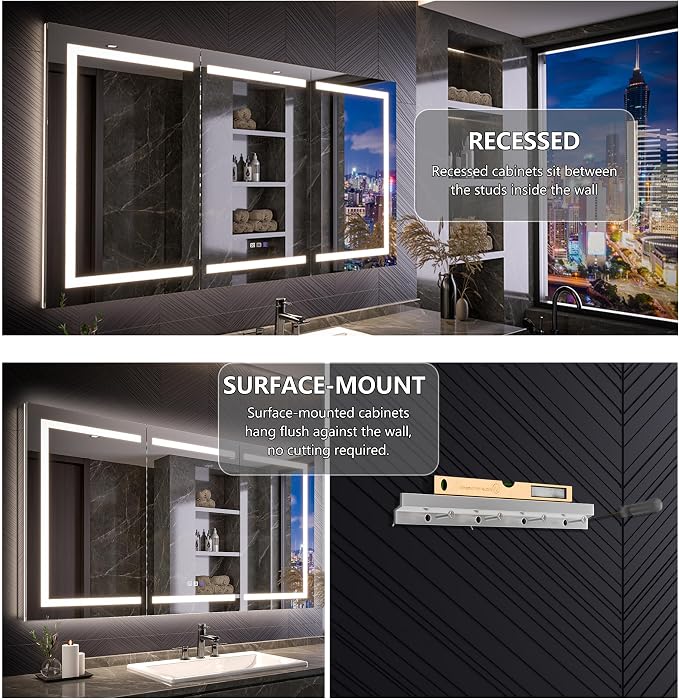 Recessed Medicine Cabinet with Lights, 66x36 Lighted Medicine Cabinet with Mirror, Magnifier, GFCI Outlet, Soft-closed, Front&Backlit, Anti-Fog, Dimmable&Tunable, Sensor Lights, Adjustable Shelves