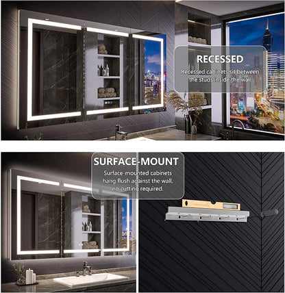 Recessed Medicine Cabinet with Lights, 66x36 Lighted Medicine Cabinet with Mirror, Magnifier, GFCI Outlet, Soft-closed, Front&Backlit, Anti-Fog, Dimmable&Tunable, Sensor Lights, Adjustable Shelves