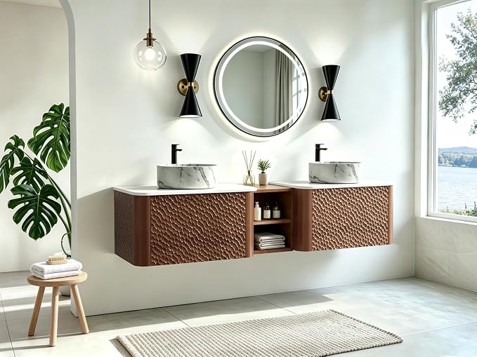 72 Inch Double Vanity with Sink Set, Floating Bathroom Sink Cabinet with Sintered Stone Top&Solid Wood Hammered Frame, Double Bathroom Vanities w/Soft-Close Drawers&1 Side Open Cube