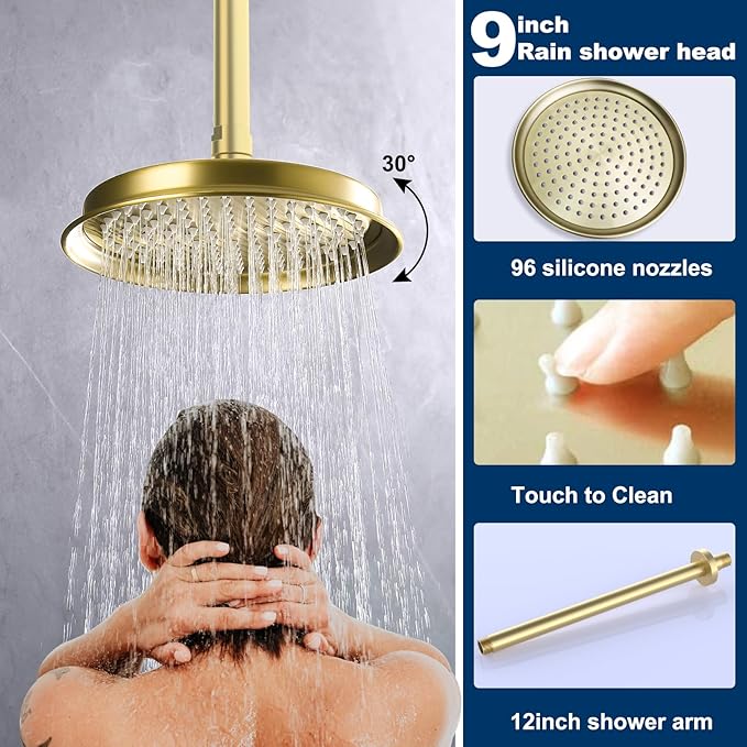 Antique Brass Shower System, 9" & 6" Dual Rain Heads and Handheld Spray Vintage Fixtures, 3-Function Dual Knob Valve with Separate Temperature Control, Brused Gold