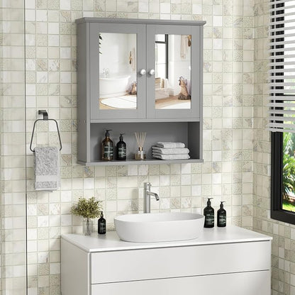 Shintenchi Bathroom Medicine Cabinet with Mirror, Wall Mounted, Gray | Over The Toilet Cupboard, Adjustable Shelf, Open & Concealed Storage, 2 Magnet Doors, Space-Saving, Easy to Clean