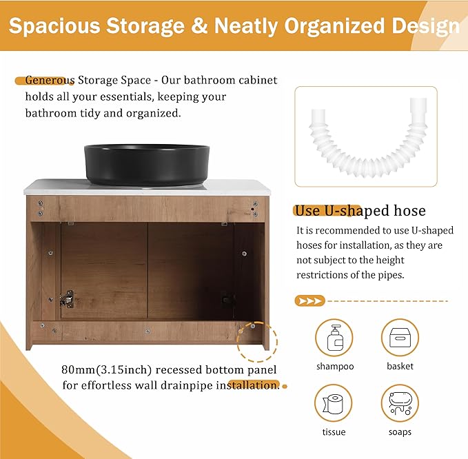 Malwee 30" Floating Bathroom Vanity with Sink, 30 Inch Wall Mounted Bathroom Cabinet Combo, Modern Single Sink Bath Storage Vanity Set, with 2 Soft Close Doors and Ceramic Vessel Basin Top(30-CC