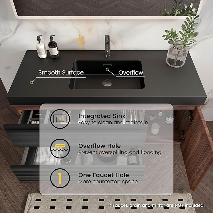 48 Inch Bathroom Vanity with Sink, Floating Bathroom Cabinet with 2 Soft-Closing Drawers & 1 Door, Large Storage for Apartment, Hotel, Walnut+Black, Black Sink(Already Assembled)