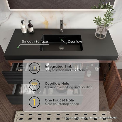 48 Inch Bathroom Vanity with Sink, Floating Bathroom Cabinet with 2 Soft-Closing Drawers & 1 Door, Large Storage for Apartment, Hotel, Walnut+Black, Black Sink(Already Assembled)