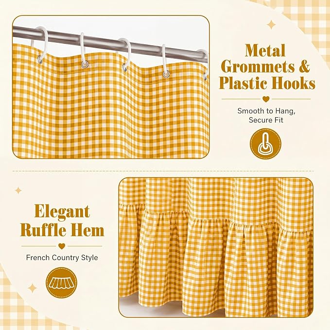 HunnmingRe Ruffle Hem Gingham Shower Curtain Yellow | 72'' x 72'' Vintage Farmhouse Curtain, Cotton Cottage Core Rural Checkered Plaid Decor, Fall Shower Curtain for Bathroom