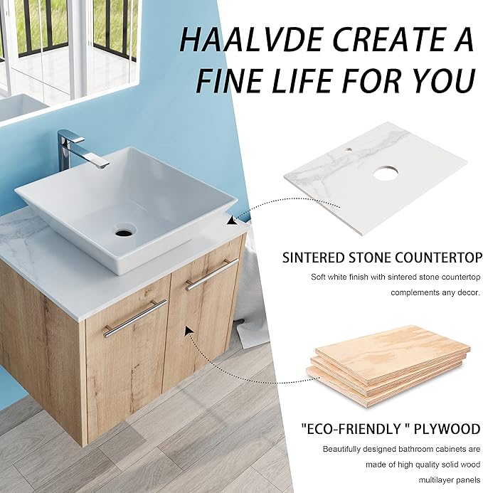 24" Floating Vanity with Sink, 24 Inch Bathroom Vanity with Sink, Modern Plywood Floating Cabinet with Sintered Stone Countertop and White Ceramic Basin, Soft Close Doors