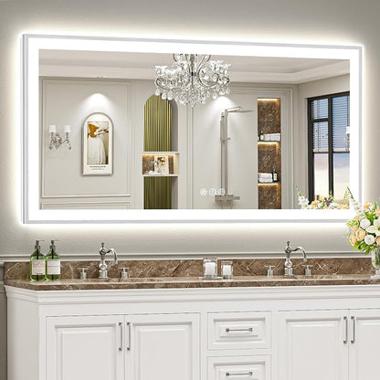 72x36 Inch Brushed Nickel LED Bathroom Mirror, Backlit & Front Lit | Silver Framed Anti-Fog Lighted Vanity Mirror with Lights, 3 Color Dimmable, Memory, HD Tempered Glass, CRI95, IP54, UL Listed
