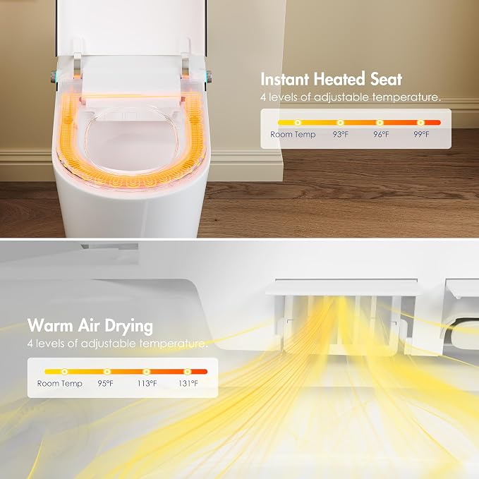One Piece Smart Bidet Toilet, Auto Lid, Wash & Dry, White Black | Foot Sensor Flush, Heated Seat, Instant Warm Water, Adjustable Wash Settings, Self Cleaning Wand, Auto Flush, Pre Wet