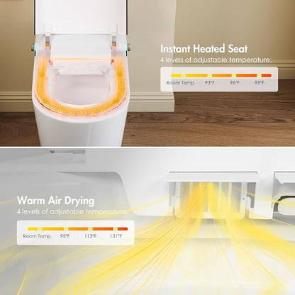 One Piece Smart Bidet Toilet, Auto Lid, Wash & Dry, White Black | Foot Sensor Flush, Heated Seat, Instant Warm Water, Adjustable Wash Settings, Self Cleaning Wand, Auto Flush, Pre Wet
