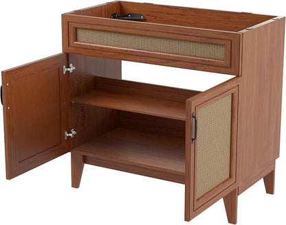 JONATHAN Y Javer Bohemian Rattan Freestanding Bath Vanity, 36", Walnut | 18" Deep, 33" High, 2 Soft-Close Doors, Caned Paneling, 2-Shelf Storage, Basin Not Included, Modern Farmhouse Style