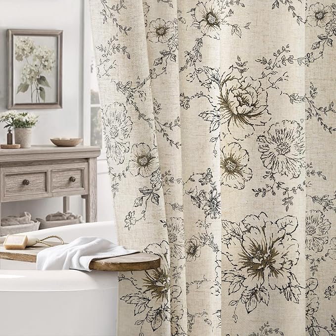 Farmhouse Floral Linen Shower Curtain, Vintage Black Pattern Rustic Shower Curtains for Bathroom, Tan Taupe,72x90