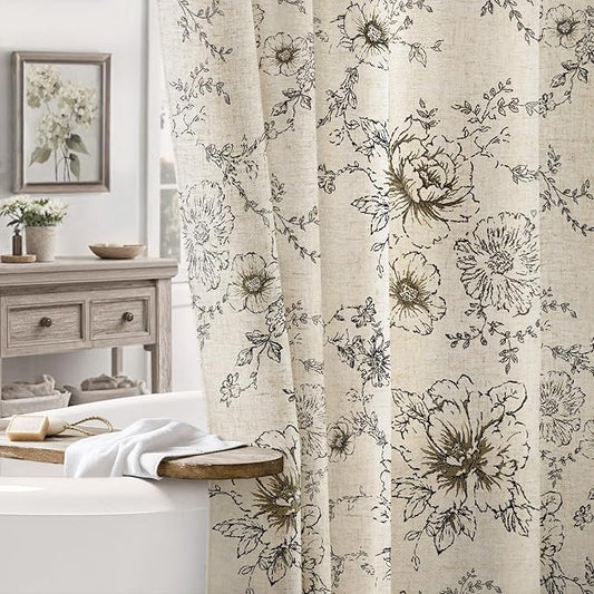 Farmhouse Floral Linen Shower Curtain, Vintage Black Pattern Rustic Shower Curtains for Bathroom, Tan Taupe,72x84