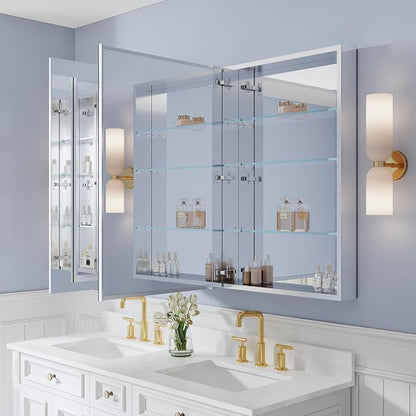 WELLFOR 60" x 36" Bathroom Medicine Cabinet with Mirror, Anodized Chrome Aluminum Frame, Surface Mount or Recessed Medicine Cabinet with Mirror, Bathroom Mirror with Storage, Three Doors