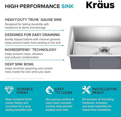 KRAUS Standart Pro 30 -inch Undermount Single Bowl 16 Gauge Stainless Steel Kitchen Sink, KHU100-30