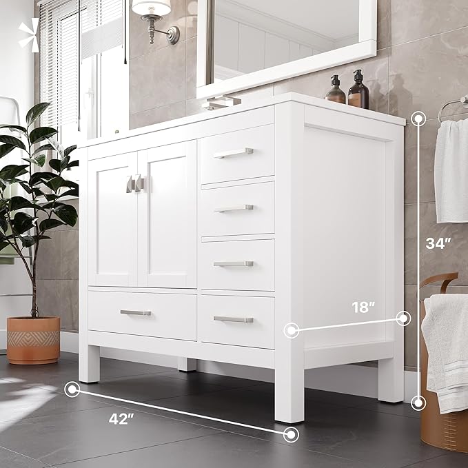 Eviva London 42 in. White Single Sink Bath Vanity with Carrara Quartz Top and Left Porcelain Sink
