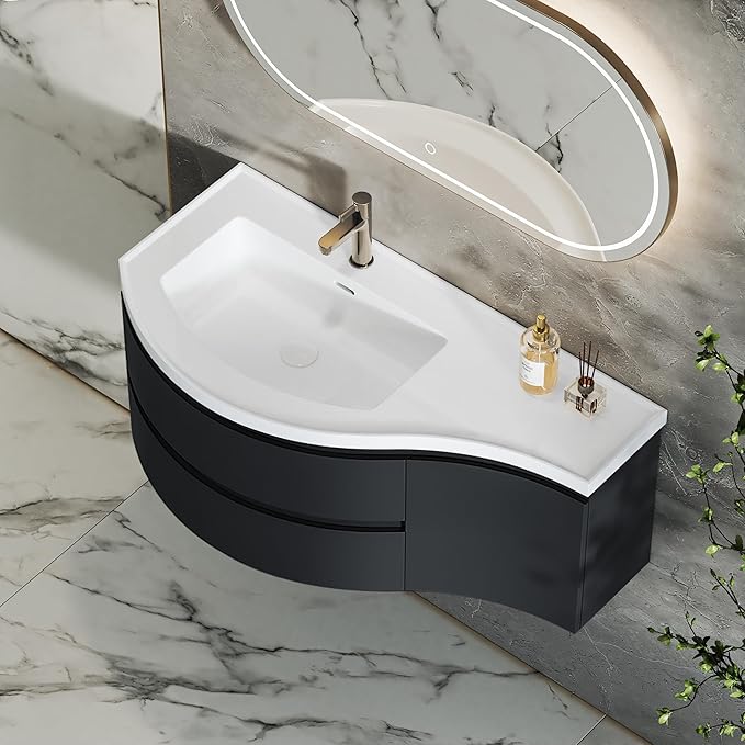 KunMai Modern Floating Bathroom Vanity with Sink, 35.4" Black Wall Mounted Stone Resin Top Vanity Cabinet with Storage Drawers & Door, White Wall Hung Vanity for Small Bathrooms