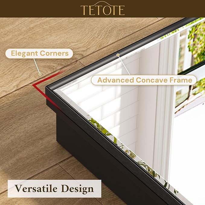 TETOTE 48" x 30" Medicine Cabinet Black Bathroom Mirror with Storage Beveled Aluminum Frame Stepless Adjustable Shelves, Wall-Mounted or Recessed