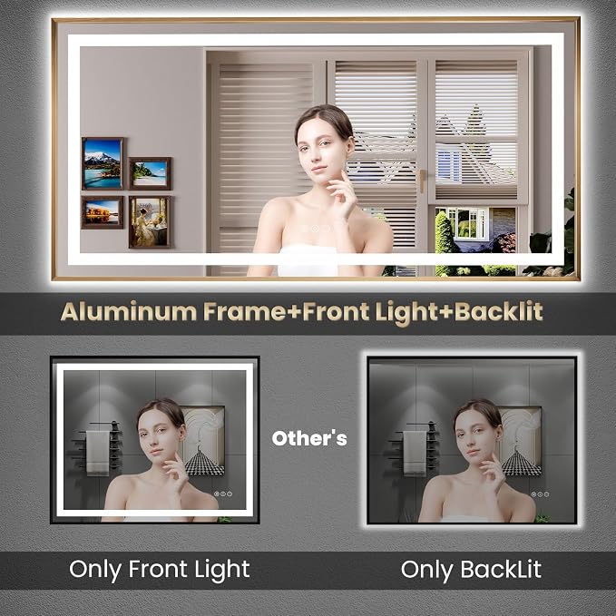 36"X30" LED Bathroom Mirror with Front Lit and Backlit(Brushed Gold) | Metal Framed Mirror, Stepless Dimmable, Anti-Fog, HD Reflection, Shatter-Proof, Memory, 3 Colors, Double LED Vanity Mirror.