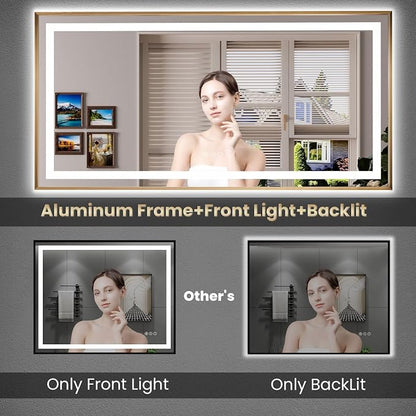 36"X30" LED Bathroom Mirror with Front Lit and Backlit(Brushed Gold) | Metal Framed Mirror, Stepless Dimmable, Anti-Fog, HD Reflection, Shatter-Proof, Memory, 3 Colors, Double LED Vanity Mirror.