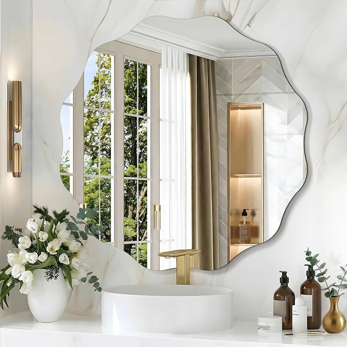 CILIBER Wavy Mirror for Wall, 28'' Scalloped Frameless Round Mirror, 3mm Tempered Glass Decorative Bathroom Vanity Mirror, Mounting/Leaning for Mantel, Living Room, Bedroom and Entryway