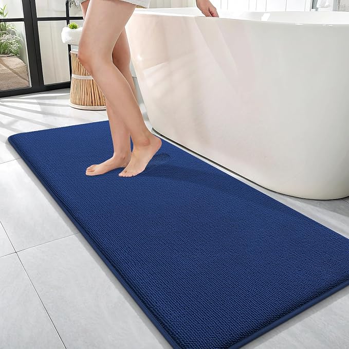 OLANLY Memory Foam Bathroom Runner Rug 47x17, Absorbent Long Bath Mat, Navy | Soft Quick Dry Bath Rugs, Non-Slip Carpet, Machine Washable Mat for Bathroom Floor, Tub and Shower, Home Decor Accessories