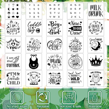 Panitay 126 Pcs Baby Shower DIY Bodysuit Set Bib 25 Blank White Newborn Bodysuit 25 Stencils 24 Marker 1 Sign 50 Pins(Dinosaur)