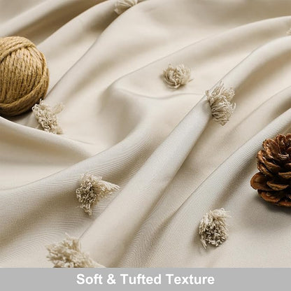 LilyCat Beige Farmhouse Tufted Floral Shower Curtain with Tassel, 72" x 78" | Waterproof Boho Fabric Shower Curtain Set with Hooks, Cute Rustic Vintage Bathroom Décor, Minimalist Cloth Bathroom Curtain