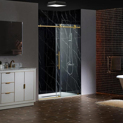 Woodbridge Frameless Sliding Shower Doors with Soft Close System, 57.5-60" Width x 76" Height with 3/8"(10mm) Clear Tempered Glass in Brushed Gold Finish, BSDC6076-BG