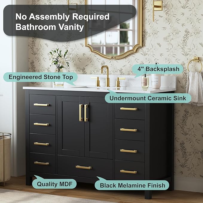 48 Inch Black Bathroom Vanity with Sink, Fully Assembled Bathroom Vanities Storage Cabinet with 2 Soft Close Doors & 7 Fully Extendable Drawers, Carrara Engineered Stone Top, Backsplash