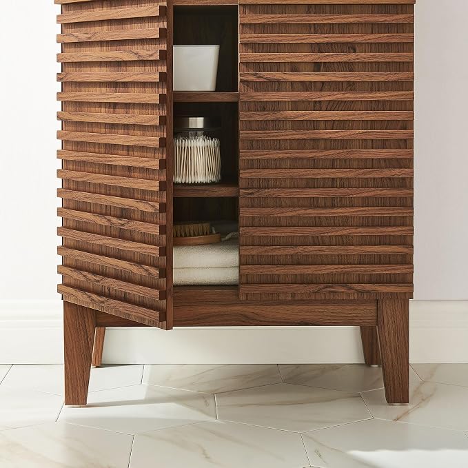 Modway Render Freestanding Bathroom Storage Cabinet in Walnut - 43 Inch Linen or Towel Cabinet with Slatted Doors