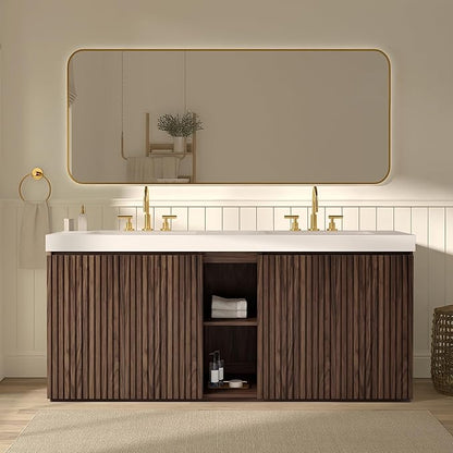 72" Bathroom Vanity with Double Sink, Freestanding Double Sink Bathroom Vanity with White Engineered Stone Top, Open Storage Cabinet & Adjustable Shelf, 4 Soft-Closing Doors, Walnut