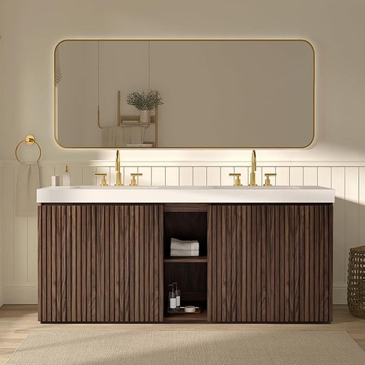 72" Bathroom Vanity with Double Sink, Freestanding Double Sink Bathroom Vanity with White Engineered Stone Top, Open Storage Cabinet & Adjustable Shelf, 4 Soft-Closing Doors, Walnut