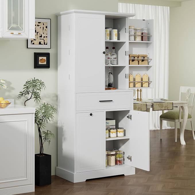 72.6" Storage Cabinet with Drawer and Door Shelf, Tilt-Out Laundry Hamper, Tall Freestanding Pantry Organizer Rack for Kitchen, Living Room or Bathroom, White