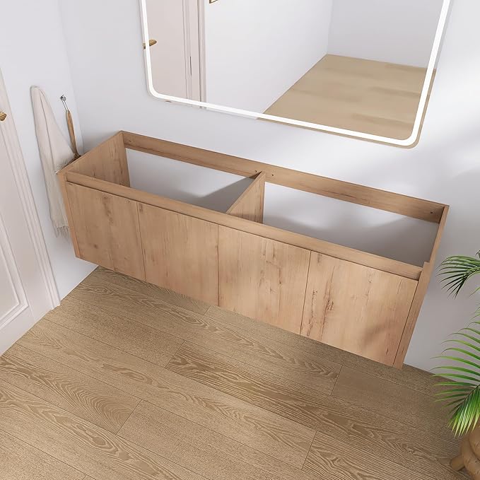 60" Floating Bathroom Vanity,60 Inch Bathroom Vanity Without Top Sink,Modern Floating Vanity Cabinet,Brown Wall Mounted Cabinet with Soft Closing Doors,Plywood(Sink Basin Not Included)