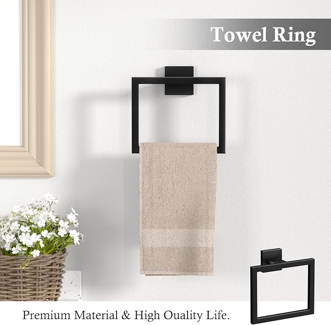 5-Pieces Matte Black Bathroom Accessories Set 23.6 Inch Towel Bar Set. | SUS 304 Stainless Steel Bathroom Hardware Set Towel Racks for Bathroom, Robe Towel Hooks, Toilet Paper Holder Wall Mounted.